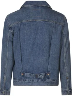 Veste en jean en coton bleu uni avec un poche à gauche de la poitrine