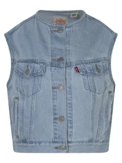Veste en jean sans manche bleu clair denim unie avec une coupe droite