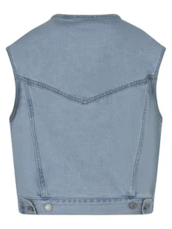 Veste en jean sans manche bleu clair denim unie avec une coupe droite