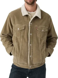 Veste en velours côtelé camel en coton avec un col sherpa et une coupe droite