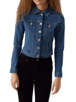 Veste indigo en jean avec une coupe droite col français et à manches longues