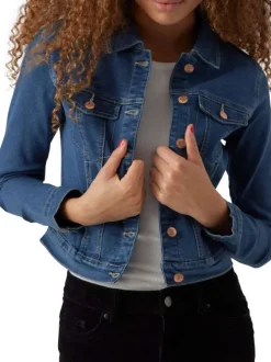 Veste indigo en jean avec une coupe droite col français et à manches longues