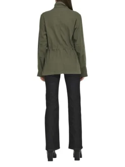 Veste kaki unie avec une coupe mi-longue un col montant et des strass