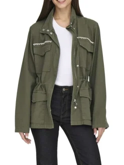 Veste kaki unie avec une coupe mi-longue un col montant et des strass
