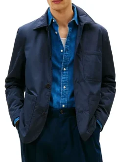 Veste marine à coupe droite pourvu d'un col à revers et de manches longues