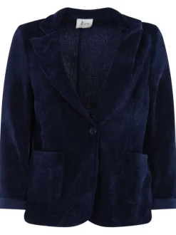 Veste marine en velours avec une coupe droite à col cranté et fermeture boutonnée