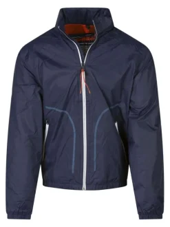 Veste marine unie avec une coupe droite un col montant et des manches longues