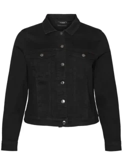 Veste noire en jean avec une coupe droite col français et à manches longues