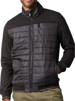 Veste noire zippée bi-matière coupe droite avec un col montant
