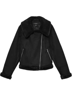 Veste noir uni à coupe droite avec un col à rabats et des manches longues