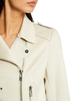 Veste perfecto beige unie asymétrique avec une coupe droite et un col cranté