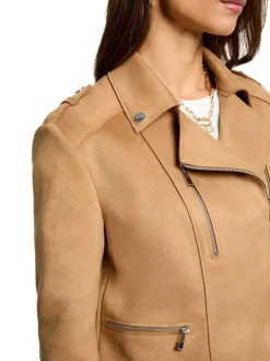Veste perfecto beige unie avec une coupe droite et un col à revers