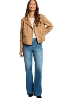 Veste perfecto beige unie avec une coupe droite et un col à revers