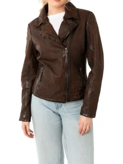 Veste perfecto brune en cuir de mouton avec motif léopard avec un col tailleur