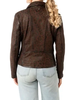 Veste perfecto brune en cuir de mouton avec motif léopard avec un col tailleur