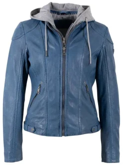 Veste perfecto en cuir de mouton bleue unie pourvue de poches zippées