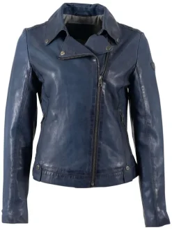 Veste perfecto en cuir de mouton bleue unie pourvue d'une coupe ajustée