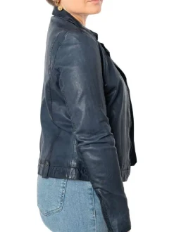 Veste perfecto en cuir de mouton bleue unie pourvue d'une coupe ajustée