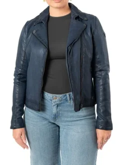 Veste perfecto en cuir de mouton bleue unie pourvue d'une coupe ajustée