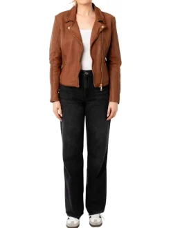 Veste perfecto en cuir de mouton camel avec une coupe droite et un col tailleur