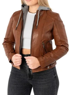 Veste perfecto en cuir de mouton camel unie pourvue de poches zippées