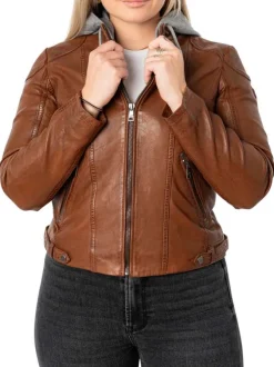 Veste perfecto en cuir de mouton camel unie pourvue de poches zippées