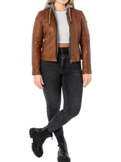 Veste perfecto en cuir de mouton camel unie pourvue de poches zippées