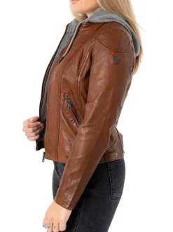 Veste perfecto en cuir de mouton camel unie pourvue de poches zippées