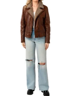 Veste perfecto en cuir de mouton caramel à coupe droite avec un col tailleur