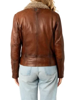 Veste perfecto en cuir de mouton caramel à coupe droite avec un col tailleur
