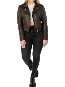 Veste perfecto en cuir de mouton marron unie pourvue d'une coupe ajustée