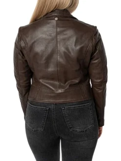 Veste perfecto en cuir de mouton marron unie pourvue d'une coupe ajustée