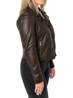 Veste perfecto en cuir de mouton marron unie pourvue d'une coupe ajustée