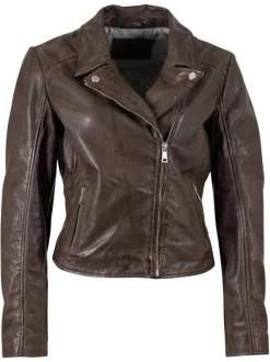 Veste perfecto en cuir de mouton marron unie pourvue d'une coupe ajustée