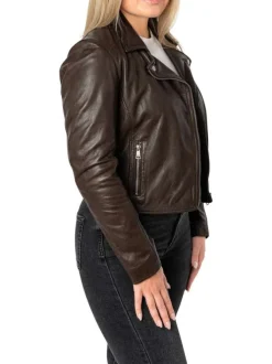 Veste perfecto en cuir de mouton marron unie pourvue d'une coupe ajustée
