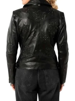 Veste perfecto en cuir de mouton noire avec une coupe ajustée et un col tailleur