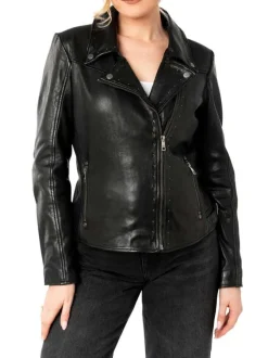 Veste perfecto en cuir de mouton noire avec une coupe ajustée et un col tailleur