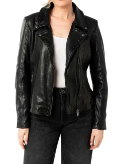 Veste perfecto en cuir de mouton noire avec une coupe ajustée et un col tailleur