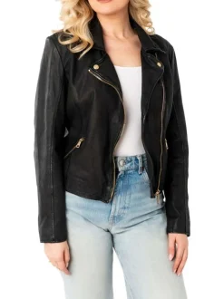 Veste perfecto en cuir de mouton noire à coupe droite avec un col tailleur