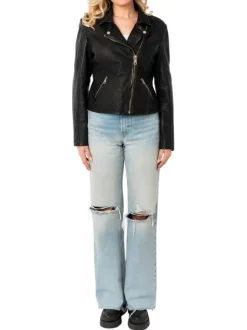 Veste perfecto en cuir de mouton noire à coupe droite avec un col tailleur