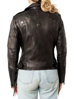 Veste perfecto en cuir de mouton noire à coupe droite et motifs étoiles