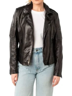 Veste perfecto en cuir de mouton noire à coupe droite et motifs étoiles
