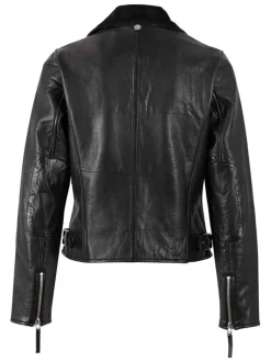 Veste perfecto en cuir de mouton noir unie à coupe ajustée avec un col à revers