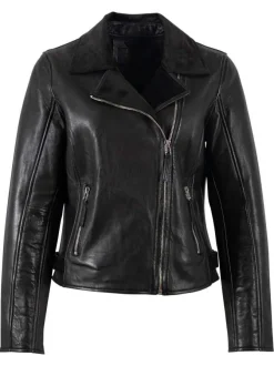 Veste perfecto en cuir de mouton noir unie à coupe ajustée avec un col à revers