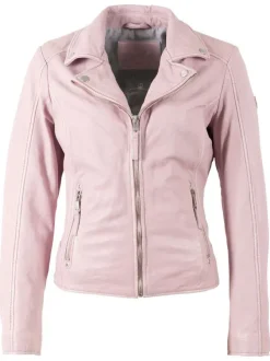 Veste perfecto en cuir de mouton rose unie pourvue d'un col à revers