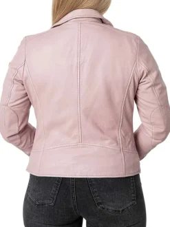 Veste perfecto en cuir de mouton rose unie pourvue d'un col à revers