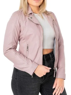 Veste perfecto en cuir de mouton rose unie pourvue d'un col à revers