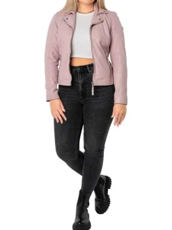 Veste perfecto en cuir de mouton rose unie pourvue d'un col à revers