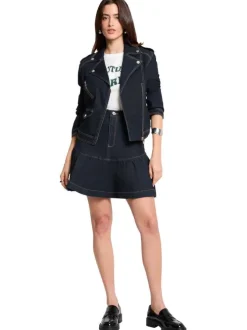 Veste perfecto indigo unie avec une coupe droite et un col à revers