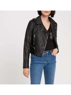 Veste perfecto noire unie avec une coupe droite et des poches